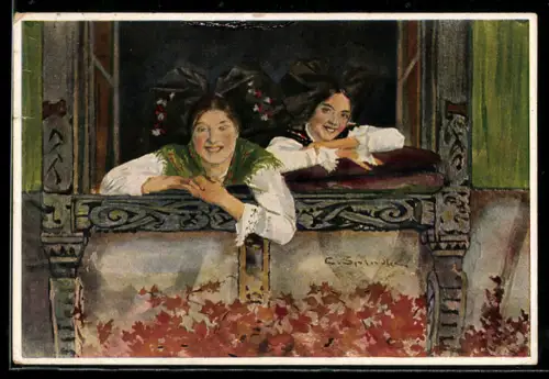 Künstler-AK Zwei hübsche Elsässerinnen aus dem Fenster schauend