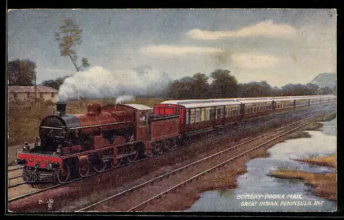 AK Eisenbahn Bombay-Poona Mail durchfährt sumpfige Landschaft, Great Indian Peninsula Rly.