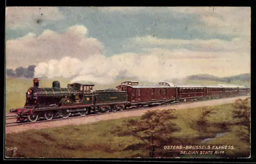 Künstler-AK belgische Eisenbahn, Osteend-Brussels Express, Belgian State Rlys unter Dampf