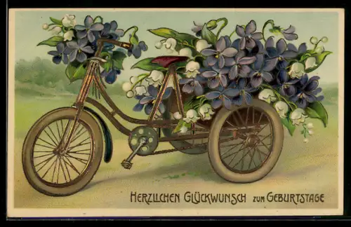 AK Ein mit Veilchen beladenes Lastenfahrrad