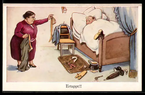 AK Frau findet einen Seidenstrumpf und konfrontiert ihren Mann damit, Ertappt!