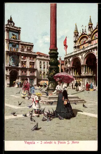 Lithographie Venezia, I colombi in Piazza S. Marco, Frau und Mädchen füttern Tauben auf dem Markusplatz