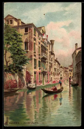 Künstler-Lithographie Venezia, Rio del Pestrin, Gondeln
