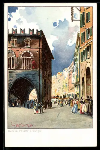 Lithographie Genova, Palazzo S. Giorgio, Arkaden und Häuserfassaden mit belebten Platz