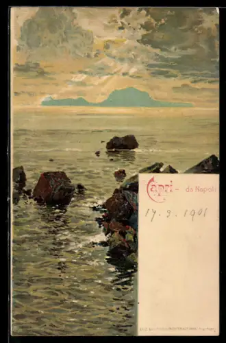 Lithographie Capri da Napoli, Meeresblick und Steinküste