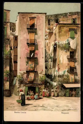 Lithographie Napoli / Neapel, Santa Lucia, Gebäude