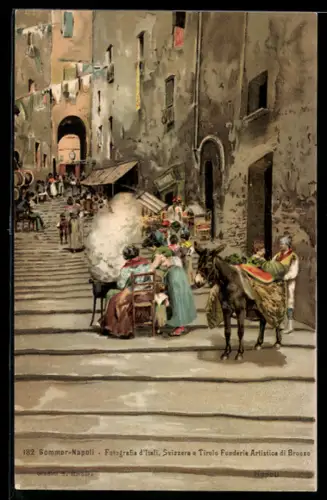 Lithographie Napoli, Strassenpartie mit Verkaufsständen und Esel