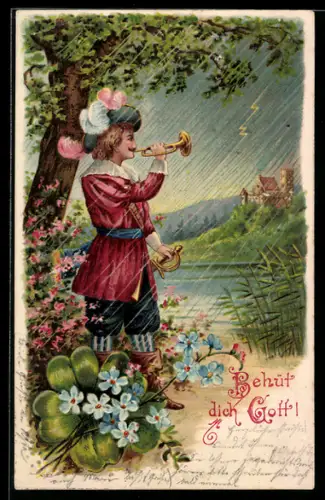 Lithographie Behüt Dich Gott!, Trompeter von Säckingen am Ufer, golden verziert