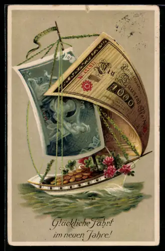 AK Segelboot mit Segeln aus Banknoten, 1000 Mark, Klee