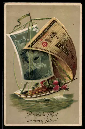 AK Segelboot mit Segeln aus Banknoten, 1000 Mark, Klee
