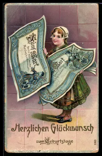 AK Mädchen mit Geldscheinen, 5 Mark