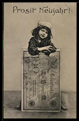 AK Mädchen mit Reichsbanknote über 100 Mark, Neujahrsgrüsse, Geld