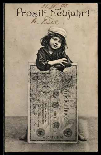 AK Mädchen mit Reichsbanknote über 100 Mark, Neujahrsgrüsse, Geld