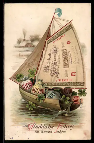 AK Segelboot mit Reichsbanknoten als Segel und mit Geldsäcken beladen, 1000 Mark