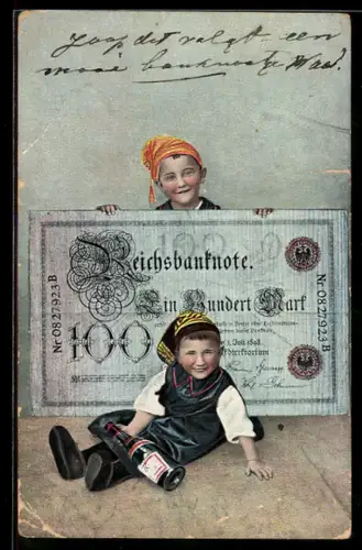 AK Zwei Jungen mit 100 Mark Banknote und Weinflasche überbringen Glückwünsche zum Geburtstag
