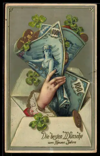 AK Hand mit zusammengerolltem Geldschein mit Klee und Münzen