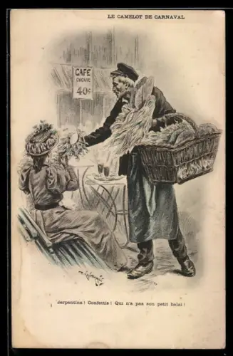 AK Le Camelot de Carneval, Mann verkauft Luftschlangen und Konfetti, Fasching