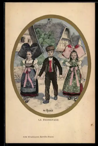 Künstler-AK Alsace, La Promenade, Junge und zwei Mädchen in elsass-lothringischer Tracht