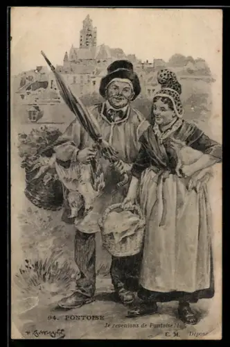 AK Île-de-France, Pontoise, Paar am Wegesrand mit Körben und Schirm