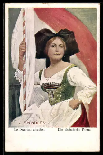 Künstler-AK sign. C. Spindler: Frau in elsass-lothringischer Tracht mit der elsässischen Fahne
