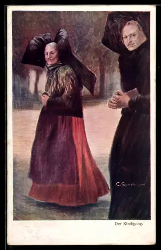 Künstler-AK sign.: C. Spindler: Der Kirchgang