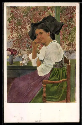 Künstler-AK sign. C. Spindler: Lächelnde Frau in Tracht sitzt an einem Tisch