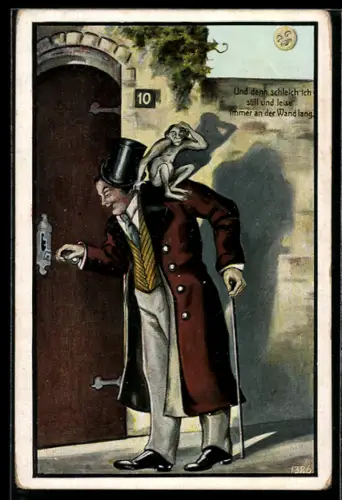 AK Eleganter Herr mit Zylinder und Äffchen auf der Schulter