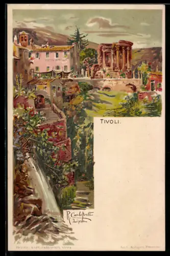 Lithographie Tivoli, Blick auf das Hotel Sibilla