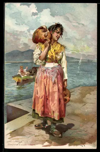 AK Neapel / Napoli, L`Acquaiola E` S. Lucia, junge Dame trägt Wasserkrüge, Ruderboot