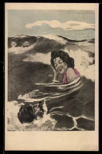 Künstler-AK Simplicissimus, Ferdinand von Reznicek: Sommerfrischler vergnügen sich in den Fluten