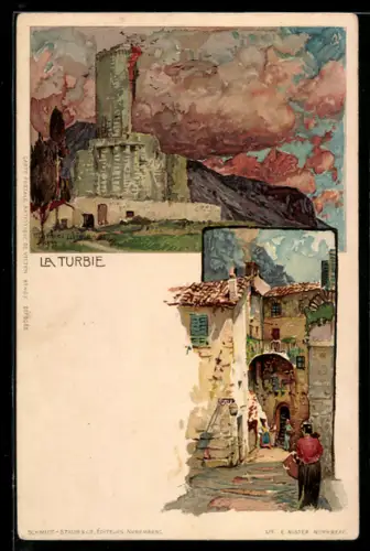 Künstler-AK Manuel Wielandt: La Turbie, Strassenpartie im Ort, Turmruine