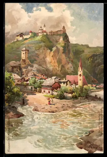 Künstler-AK Klausen, Ortsansicht mit dem Kloster Säben