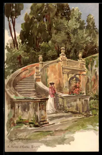 Künstler-Lithographie P. Schmohl: Tivoli, Parco d`Este