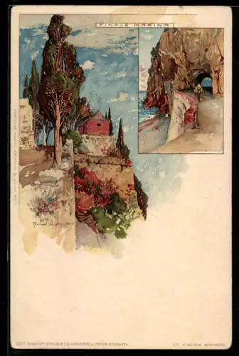 Künstler-Lithographie Manuel Wielandt: Finale Marina, Küstenstrasse, Gebäudeansicht, Pferdegespann