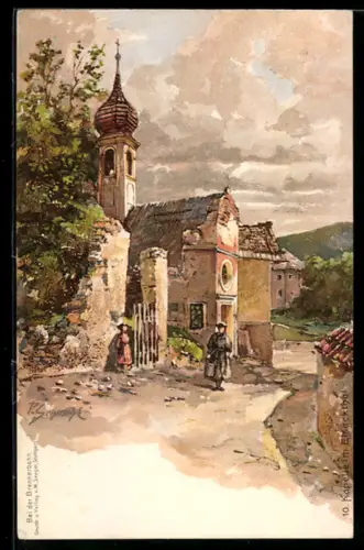 Künstler-AK P.Schmohl: Eisackthal, Ortspartie mit Kapelle um 1900