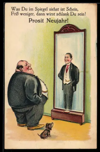 AK Dicker Mann betrachtet sich im Spiegel, sieht sich als schlank, Neujahrskarte