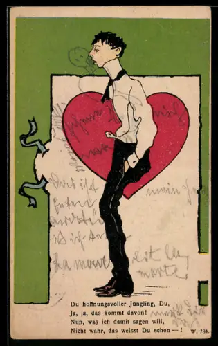 AK junge Mann vor einem Herz, Scherz, Gedicht