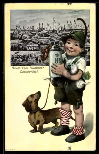Künstler-AK München, Oktoberfest, Festplatz, Junge mit Bierkrug und Dackel