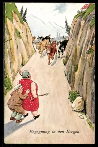 AK Mann versteckt sich hinter dem Rücken seiner Frau vor der herannahenden Kuhherde, Begegnung in den Bergen, Scherz