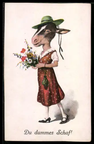 AK Junges Mädchen mit Blumenstrauss und Schafskopf mit Hut