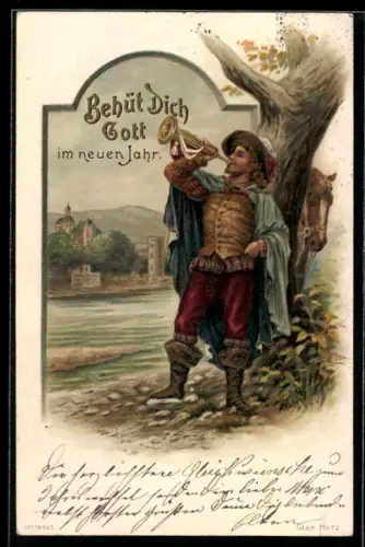 AK Behüt Dich Gott!, Trompeter mit Pferd am Ufer, Neujahrsgruss
