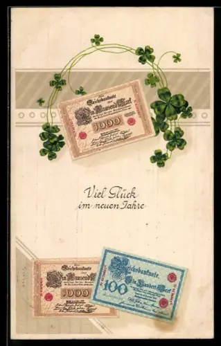 AK Drei Geldscheine zu 100 und 1000 Reichsmark, Kranz von Kleeblättern