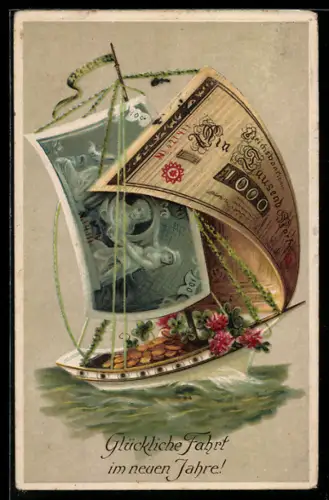 AK Segelboot mit Segeln aus Banknoten, 1000 Mark, Klee