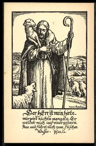 AK Jesus Christus als Hirte mit Hirtenstab und Lamm, Sinnspruch