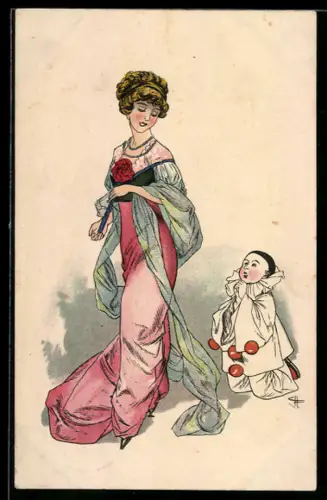 AK Carneval, Elegante Dame und kleiner Clown