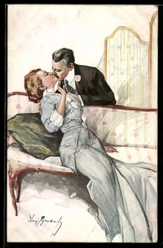 Künstler-AK Liebespaar kurz vorm Kuss
