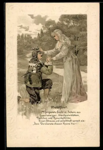 Lithographie Trompeter von Säckingen mit Margareta im Wald