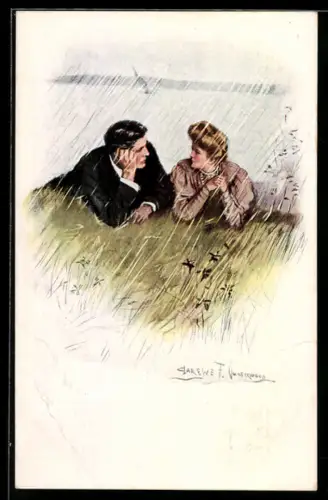 Künstler-AK Clarence F. Underwood: Liebespaar auf Wiese am See