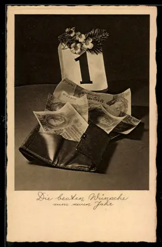 AK Geldscheine in einer Geldbörse unter dem Kalenderblatt von Neujahr, Neujahrsgruss