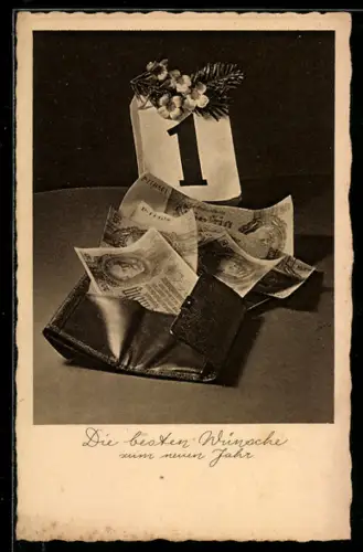 AK Geldscheine in einer Geldbörse unter dem Kalenderblatt von Neujahr, Neujahrsgruss